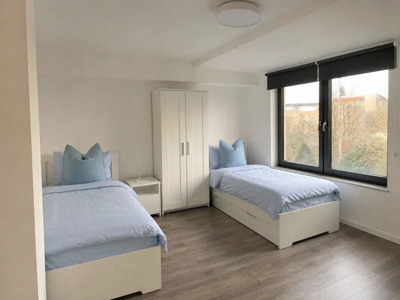 Zweibettzimmer mit hellblauer Bettwäsche und großem Fenster